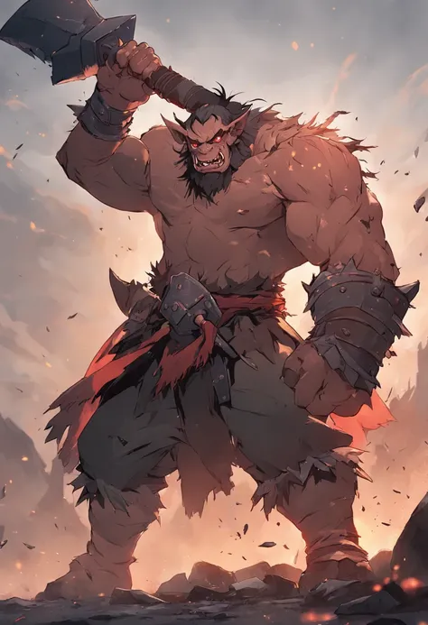 An orc warrior, Ferocious, Fangs exposed, Broken armor, With a giant axe in hand, Battlefield background, High definition, 4k