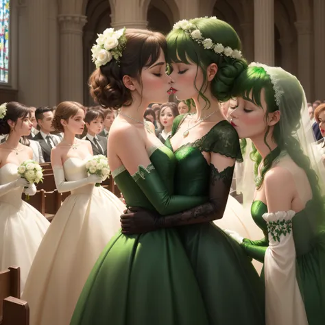 hight resolution、ultra-detailliert、(1girl in:1.3), Two women kissing in church, Green Satin Long Gloves, Green Wedding Dresses, Green shorthair, lipsticks, the kiss, bride, Green Pearl Necklace, Green Bride, lesbian、kiss mouth to mouth, High quality film s...