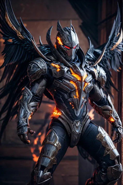 an intricate image of a futuristic power-suit with armor and ai, that resembles a assasin with demon skull helmet with glowing c...