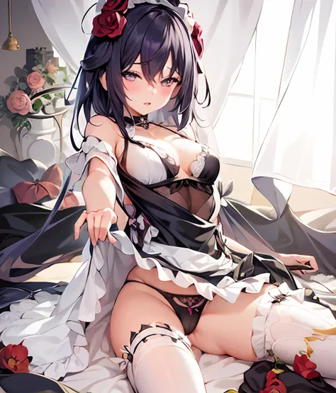 anime girl in lingerie sitting on bed with flowers in background, loli in dress, amber color eyes, seductive anime girl, guweiz, small curvy loli, cute anime waifu in a nice dress, guweiz on pixiv artstation, top rated on pixiv, guweiz on artstation pixiv,...