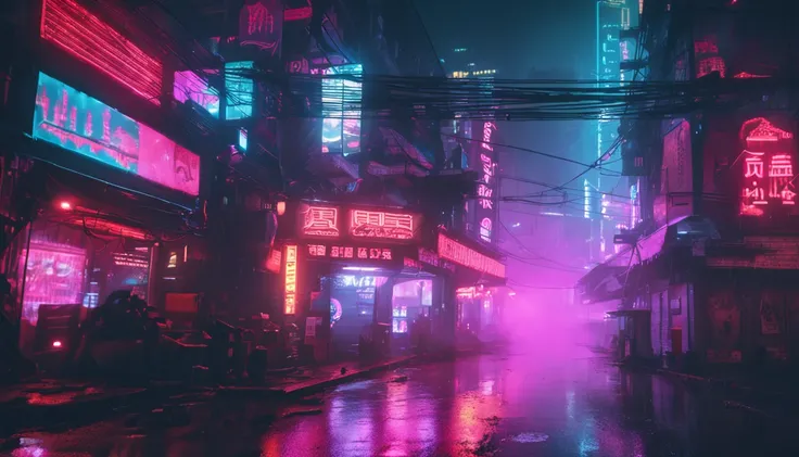 "Neon-lit cyberpunk street, futuristic city street, Dystopian artwork in the dark,Huge signboard , 4k wallpaper. Rain and fog atmosphere, Evoking a sullen and desolate future."