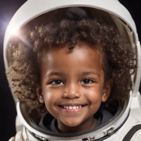 Smiling child with brown eyes curly hair of black skin astronaut suit on a glowing planet with smiling creatures