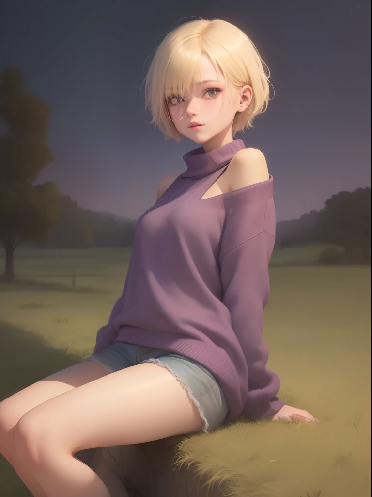 A quiet girl，Short yellow hair，Long face, Wear a purple sweater and shorts，Pubic hair shows through，and wear no underwear，the night，on a grassy field，is shy，Only the left side of the face is exposed，ssmile，Kiss，Ruffle your hair，sat on the ground