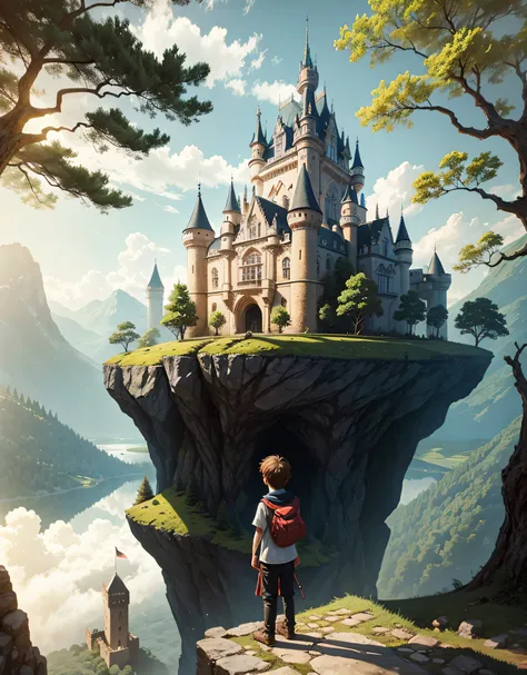 boy standing on a rock in the forest looking at a castle, cats ears, back to the observer