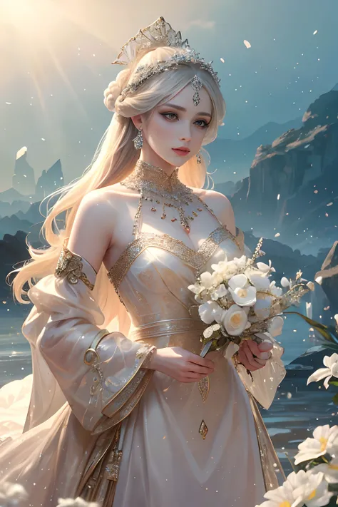 masterpiece，Highest high resolution，Dynamic bust of beautiful royal lady，Long white hairstyle，Amber clear eyes，The hair is covered with beautiful and delicate floral craftsmanship, Crystal jewelry filigree，Ultra-detailed details，upscaled。