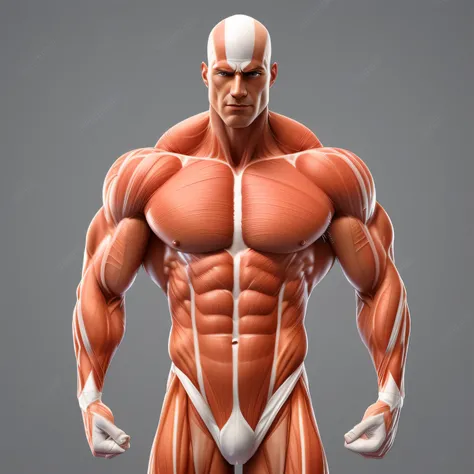 A 3D illustration of a male muscular figure with highlighted muscles, exaggerated muscles, muscle extremely detailed, exaggerated muscle physique, muscular character, perfect muscle structure, Defined muscles, caracteres musculares, muscular system referen...