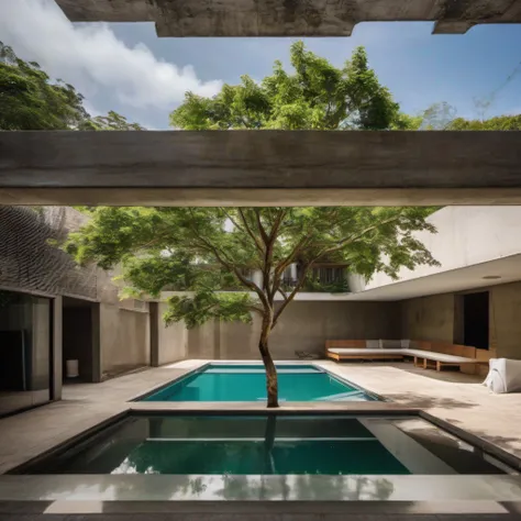 There is a pool in the backyard with a tree in the middle, arquitetura de concreto, muito desaparecer, e novo, Recently built, paredes brancas, arhitectural shot, archdaily, arquitetura de concreto brutal, Villa Interdimensional, contemporary architecture,...