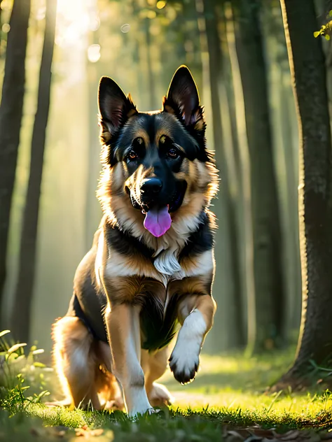 there is a dog that is sitting in the grass with a frisbee, german shepherd, beautiful picture of stray, 2 years old, a , frontal pose, looking straight to the camera close up photo of a very cute jumping puppy in the forest, soft volumetric lights, (backl...