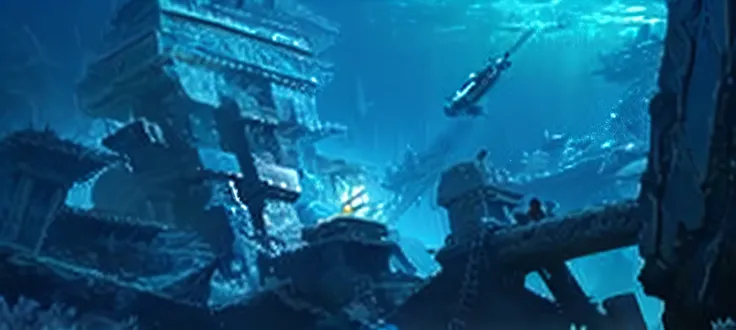 Close-up of underwater boat with scuba diver, an underwater city, an underwater city, lost city of atlantis, lost city of atlantis, futuristic underwater metropolis, underwater environment, submerged temple scene, undersea environment, masterpieceunderwate...