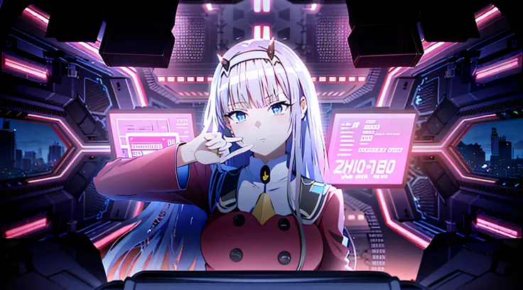 Anime girl with long hair and blue eyes futuristic environment, Zerotwo, A scene from the《azur lane》videogame, azur lane style, Best anime 4k konachan wallpaper, zerochan art, nanogirlv 2, Digital cyberpunk anime art, android heroine, portrait anime space ...