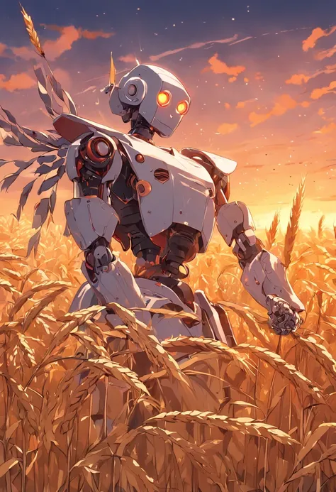 Robot holding a sickle to harvest wheat, An endless wheat field, Soviet propaganda poster style, High definition, 4k