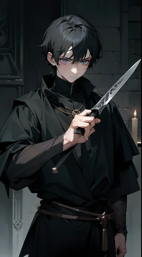 A young man with sharp grey eyes and a serious expression, donning short dark hair, clad in dark clothing, gripping a dagger in his hand. The setting is a medieval dark background.