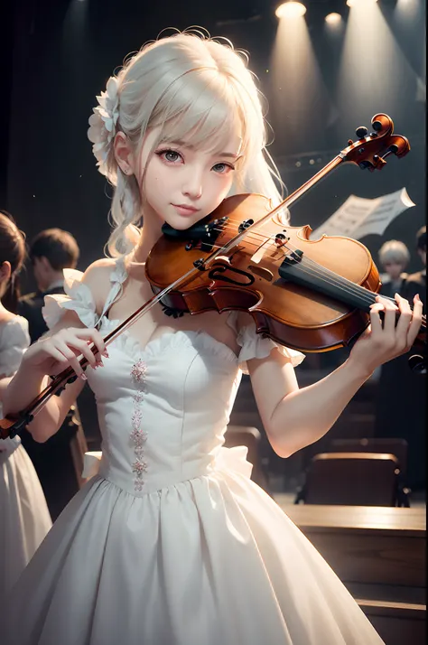 There was a woman in a white dress playing the violin, (fantasy violin), fantasy violin, guweiz masterpiece, Guviz-style artwork, Ross Tran 8 K, author：Jason Teraoka, Guviz, Loli, violin, Beautiful digital artwork, amy sol in the style of, Amazing composit...