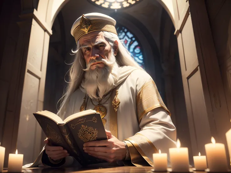 Immerse yourself in the realm of cinematic 3D art，Create a charming image of a white long-haired old man, Read the Quran with full attention. Imagine a scene that exudes deep serenity and spirituality.Build your characters carefully，meticulous attention to...