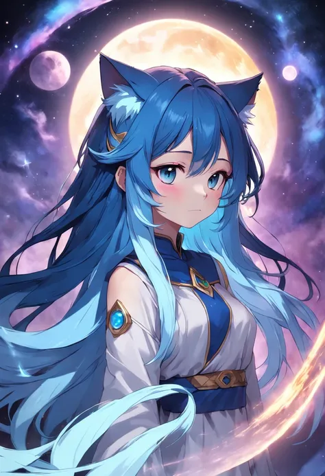 a shy adult female cosmic druid with long flowing blue gradient hair, neko, has cat ears