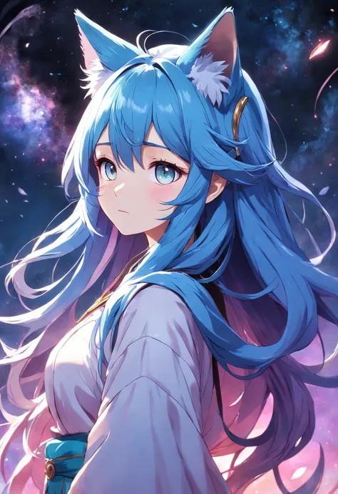 a shy adult female cosmic druid with long flowing blue gradient hair, neko, has cat ears