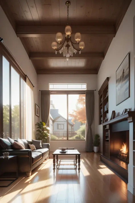 The fireplace is located in the very center of the living room，Front view，Sofa coffee table next to it，Sunlight shines through the transparent glass windows，best qualtiy，Simple atmosphere， ultra - detailed， 超高分辨率，Indoor HD rendering