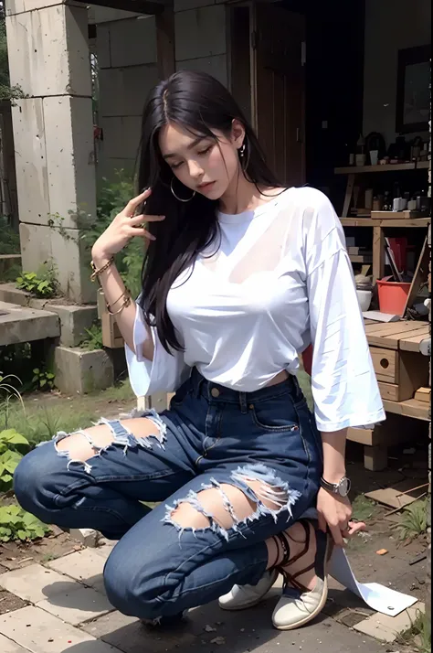 （best qualtiy），（solo person++），（（Kneeling pose，Point at you with your ass+））mature，White shirt，denim pant，(Female captive+)，Flirtatious，low head，Long brown-black hair，dual horsetail，huge tit，Fragrant shoulders，canvas shoe，(binding)，(execute+)(Women cut off...