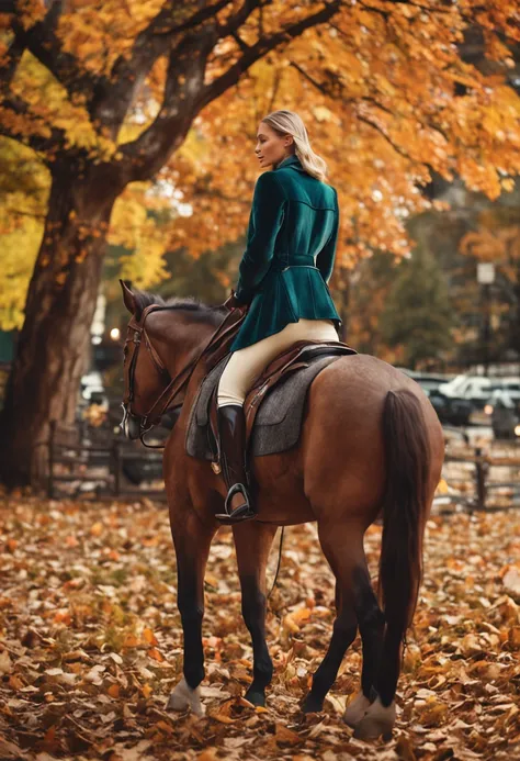 master piece, realistic,  best quality, pretty face, cute, beautiful, blonde, blue eyes, medium hair, 24 year old pretty preppy girl horseback riding, old money, castle, Conecticut , Cartier, bella hadid, gold jewelry, blazer,  black long boots, city, autu...