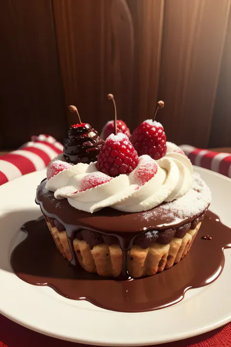 belissimo bolo de chocolate, cobertura escorrendo pelo bolo, topped with red fruits speckled with sugar, texturas detalhadas, cinematografico