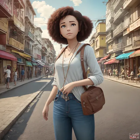 3D, uma mulher adulta,  um personagem de desenho animado segurando um livro em uma rua da cidade, preto, (((solo))), arte do filme, foto limpa, ghailan!, como um personagem da Pixar, jovem bonito, cabelo afro, grace and blessing, renderizado em irreal, ima...