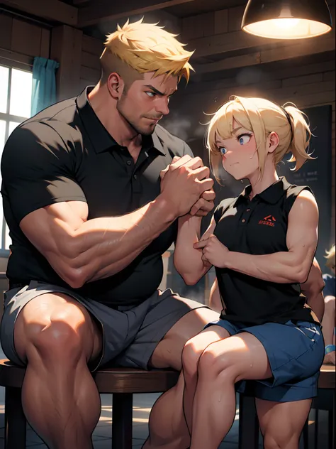 Blonde petite girl arm wrestling face to face with fat big uncle,Dark clubhouse,Arm wrestling on a round table,Knees on the table,muscular guy,Wearing a blue polo shirt、Man in tight shorts,Man with relaxed expression,Cute little girl s,Desperate look,Red f...