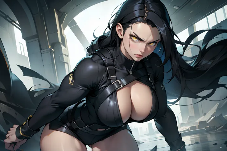 1 girl, solo, very long hair, busty, (muscular), thick thighs, black hair, yellow eyes, pale skin, angry, (ultra detailed eyes), cleavage