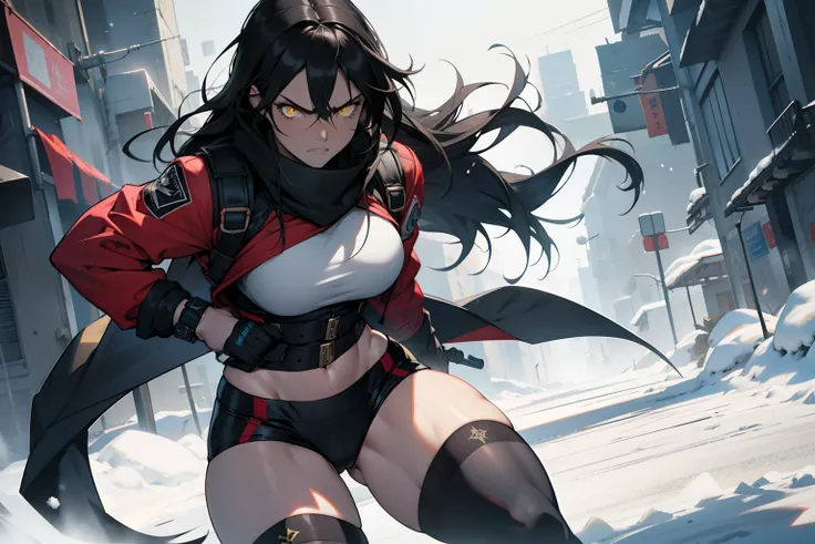 1 girl, solo, very long hair, busty, ((very muscular)), thick thighs, black hair, yellow eyes, pale skin, angry, (ultra detailed eyes), winter clothes