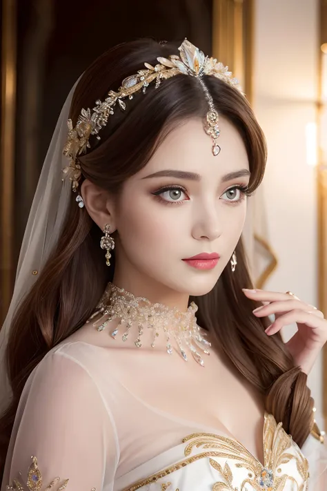 Masterpiece，Highest high resolution，Dynamic bust of beautiful royal lady，Long white hairstyle，Amber clear eyes，The hair is covered with beautiful and delicate floral craftsmanship, Crystal jewelry filigree，Ultra-detailed details，upscaled。