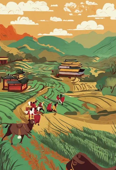 Peasants in ancient China，Lead the cow，Ploughing the land on paddy fields