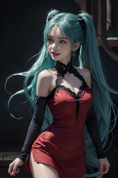 (hatsune miku charakter), tosca hair color, long twin tail hair with pony, looking at the view, eyes on the view, smile (big smile), (open mouth), full body photo, 21 years old girl, perfect body, perfect anatomy, tosca eye color, double eyelids, huge brea...