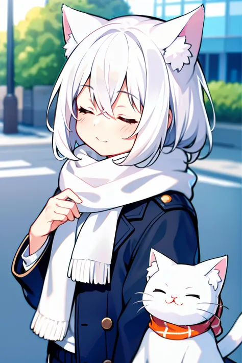 masterpiece, best quality, 1girl, white hair, medium hair, cat ears, closed eyes, looking at viewer, :3, cute, scarf, jacket, outdoors, streets,