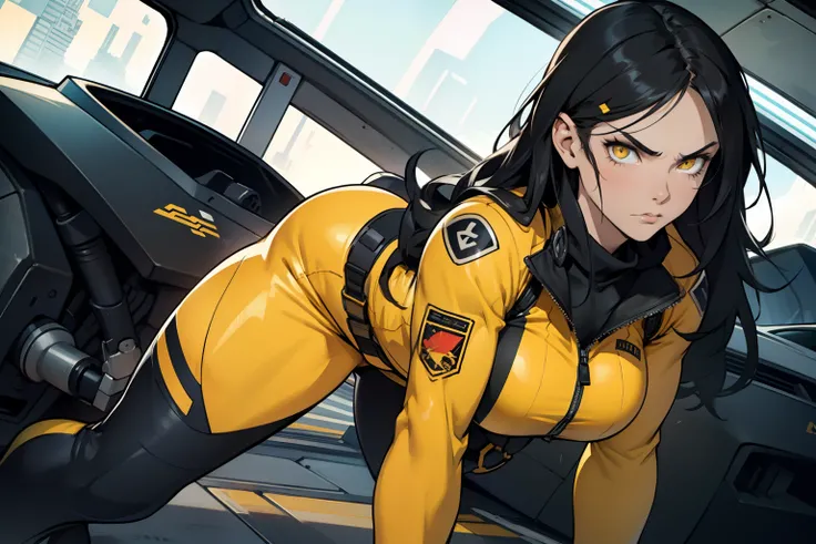 1 girl, solo, very long hair, busty, (((very muscular))), thick thighs, black hair, yellow eyes, pale skin, angry, (ultra detailed eyes), pilot suit