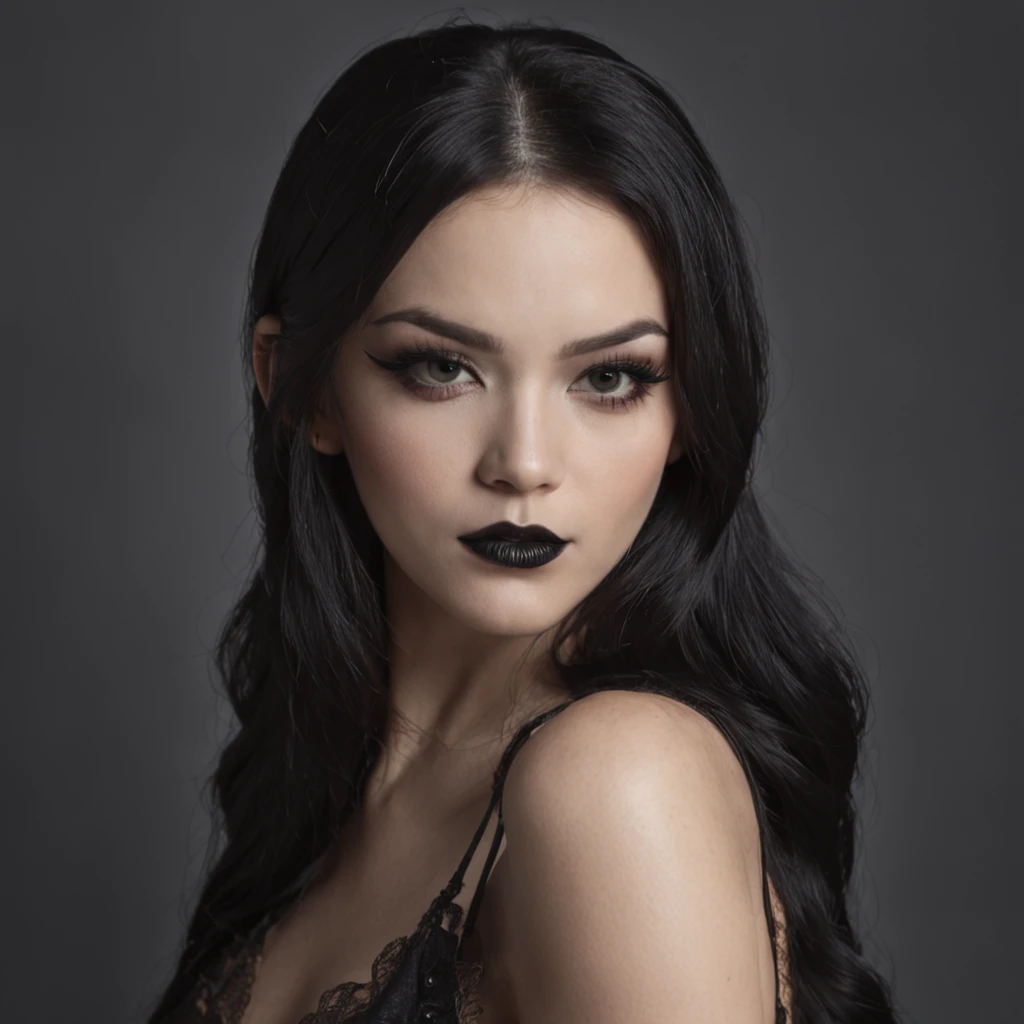 sultry female with black hair, wearing eyepatch, wearing black lipstick, sexy