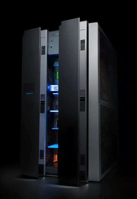 Black cabinet, On dark tech background, server in the middle, full - view, 4K detail, Mainframe computers, Computer room cabinets，a wide full shot, computer render，Event poster，promotional