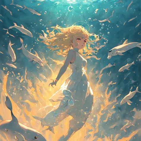 illustration：Girl in white swimming with whales at the bottom of the sea，The whale jumps out, The bubbles around the surface of the water slowly rise，Sunlight slanting, Golden hour,