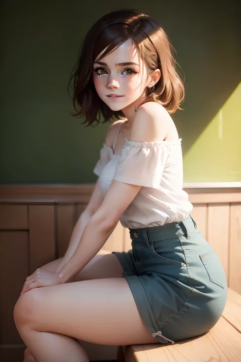 Emma watson、,a smile、Looking at the camera、Green Screen、Front angle、shortpants、Blouses made of thin fabric、White short sleeve blouse、Sitting with crotch spread、off shoulders、a picture