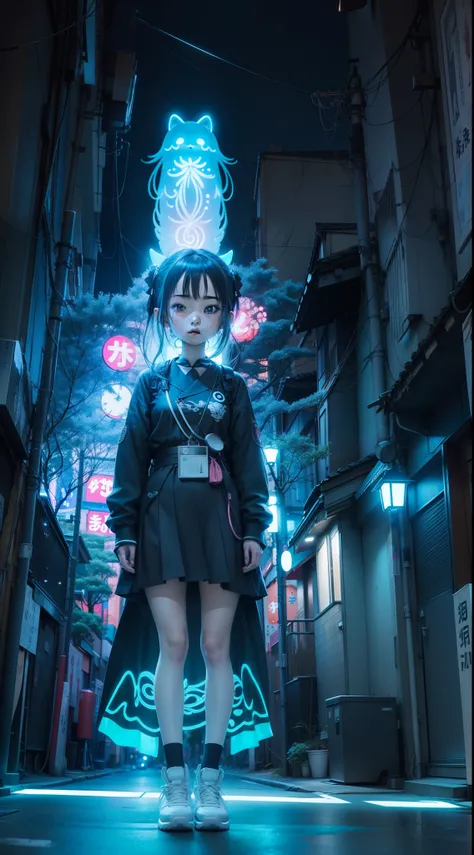 anime girl, standing on a street, Tokyo, Bioluminescent