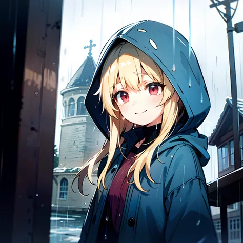 Girl, Blonde hair, Red eyes, rain, Looking down, Smile, Tears, Blue raincoat, Hood up, Town