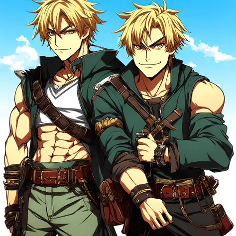 fantasy male character, many belts, baggy clothes, not so muscular, blonde hair, red big eyes, heavy weapon carry, one hair accessory, smirk, anime style