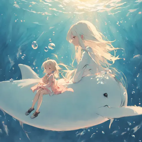 illustration：The girl in white sits on her side above the whale，The whale jumped out of the face, The bubbles around the surface of the water slowly rise，Sunlight slanting, prime time,in a panoramic view,