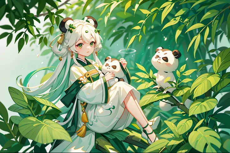 white backgrounid，Under bamboo leaves, The panda sits on a branch，（bit girl：1.5），green and white clothes，big beatiful eyes，detailed face with，Flashy clothes，Ethereal panda，Chinese Panda，Dreamy，Onmyoji detailed art，A beautiful artwork illustration，mythologi...