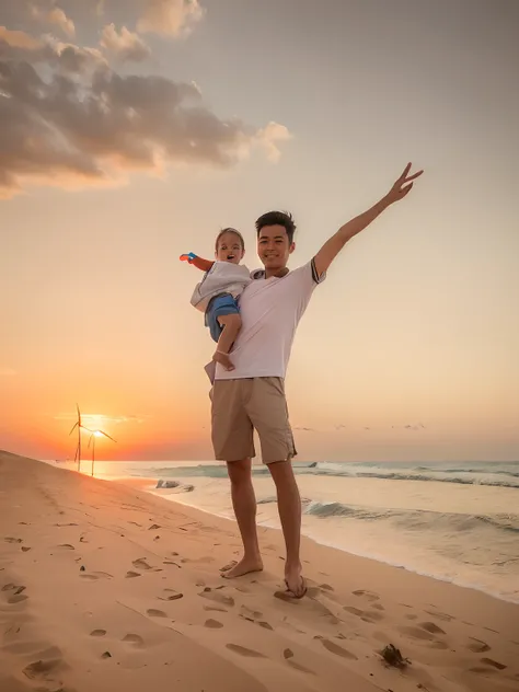 there is a man holding a child on his shoulders on a beach, with a kid, dunes in the background, vacation photo, with sunset, towering above a small person, taken on iphone 14 pro, on dune, Chiba Yuda, father with child, high quality upload, very very low ...