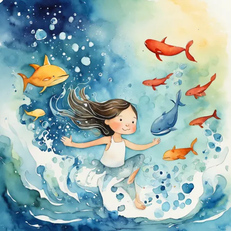 illustration：Girl in white swimming with whales at the bottom of the sea，The whale jumped out, The bubbles around the surface of the water slowly rise，Sunlight slanting, prime time,