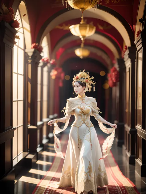 A woman in a gold-trimmed white dress walks the red carpet in the middle of the wedding hall,Wearing a golden phoenix crown headdress。