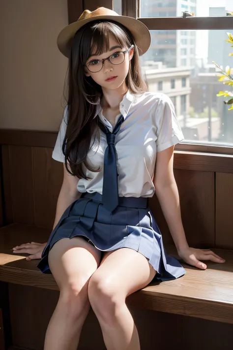 (Cute girl sitting by the window and opening her legs)、Thin leg、High heels on the ground、bedroom in luxury hotel、(​masterpiece:1.3)、(8K、Photorealsitic、Raw photography、top-quality:1.4)、(1girl in)、beautiful countenance、(Lifelike face)、A dark-haired、length ha...