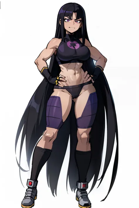 My Hero Academia Style, Anime Girl, Female, Trending on ArtStation Pixiv, (Full Body Shot: 0.5), Blackfire, Teen Titans, Wide Thighs, Medium breast, Wide Hips, Long Black Hair, Black Hair, Long Hair, Eyes Purple, NFSW, Underboob Sleeveless Black Top, Thong...