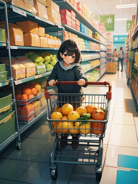 A girl pushes a yellow shopping cart