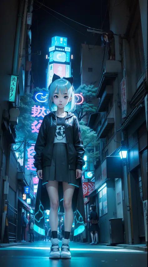 beautiful anime girl, slight smile, perfectly symmetrical eyes, beautiful face, standing on the street, perfect stance on the street, Tokyo, Bioluminescent, feet flat on the street,