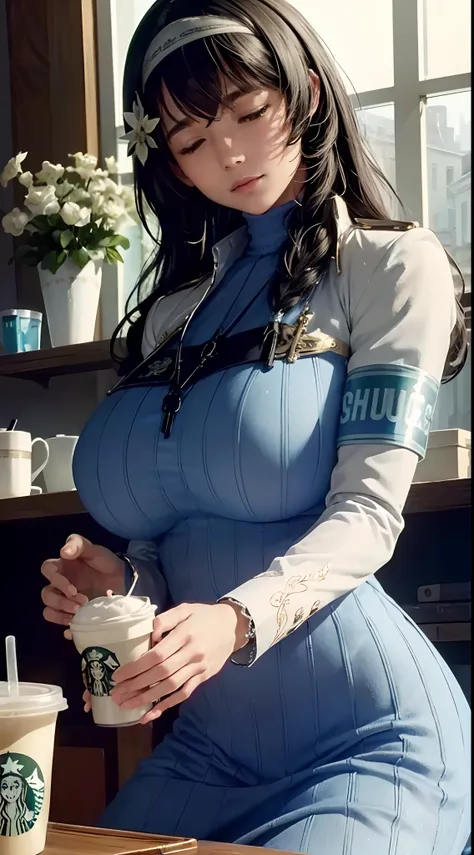 (((beautiful))),mary,blue sweater, white jacket, cropped jacket, long sleeves, open clothes, ribbed sweater, armband, huge breasts,(((shiny skin))), ((intricate details)), hdr, ((intricate details, hyperdetailed)), cinematic shot, sitting in cafe , drinkin...